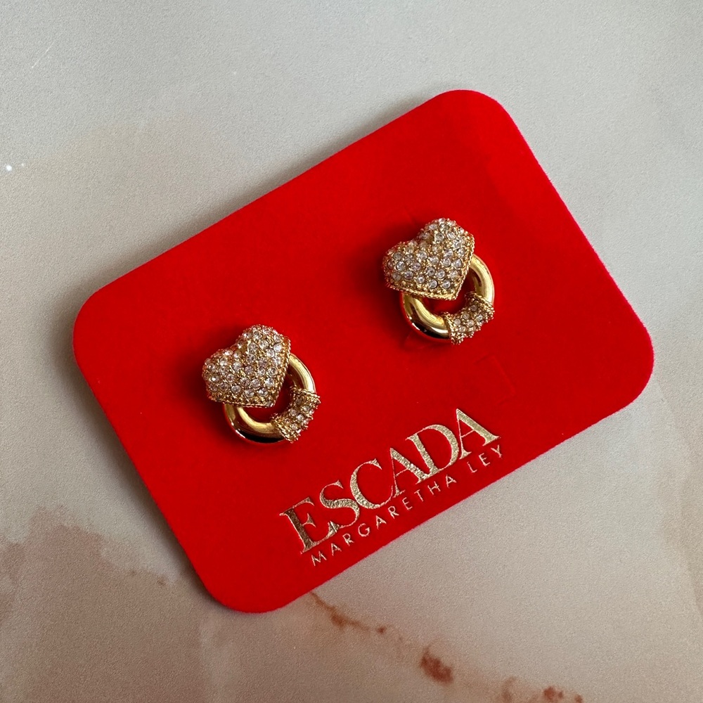 Vintage Escada Pave  Heart Rhinestone Clip on Earrings.